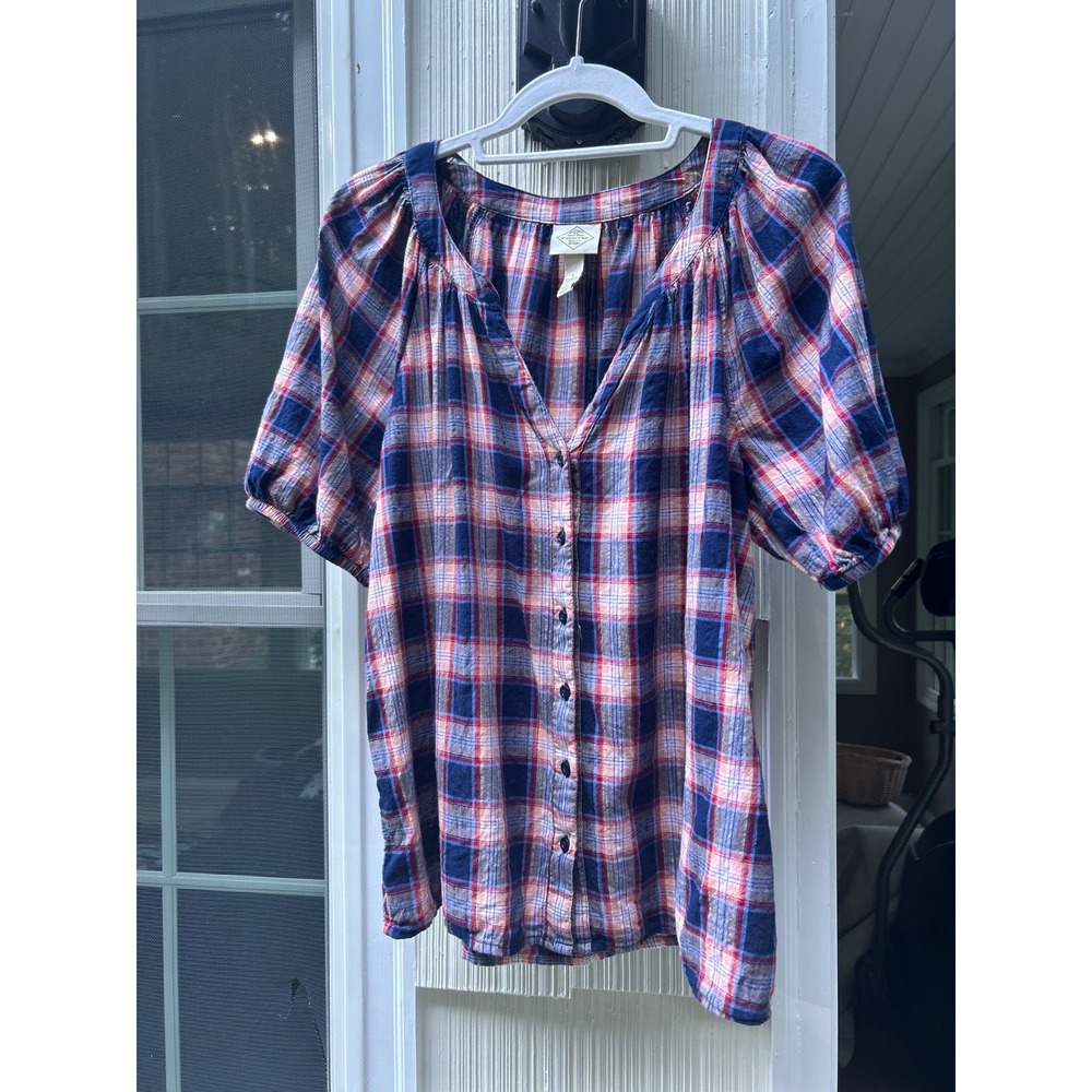 St. John's Bay Sz Large women's blue plaid blouse v neck w/ balloon sleeves